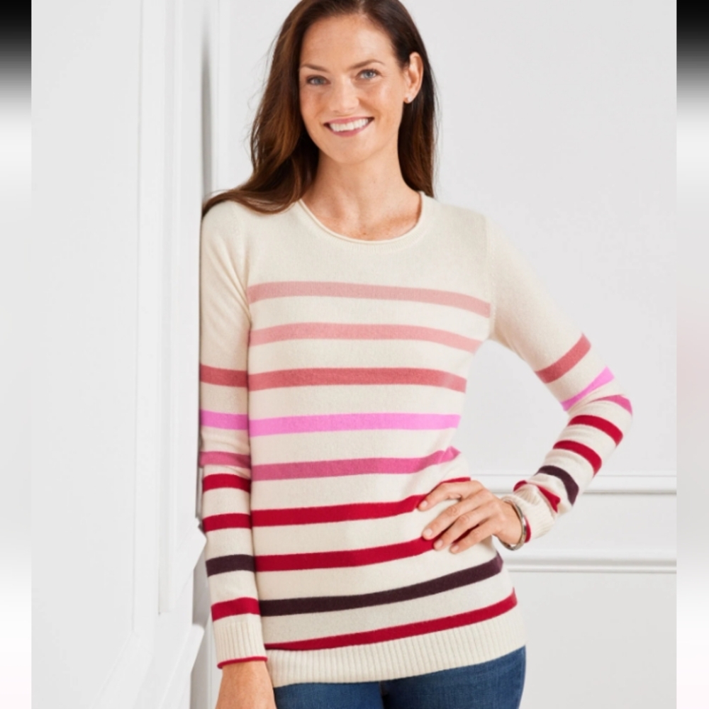 🆕Talbots Cashmere Crewneck Pullover Striped Sweater in Cream, Pink, Red Size XS